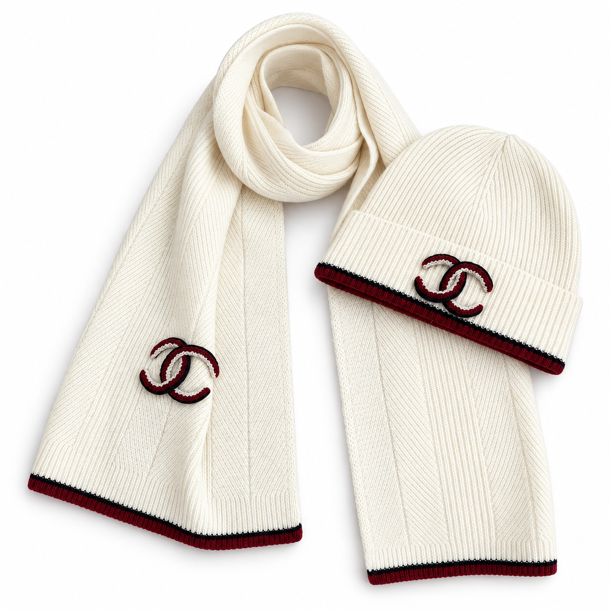 Chanel Style Ivory Rib-Knit Scarf and Beanie Set
