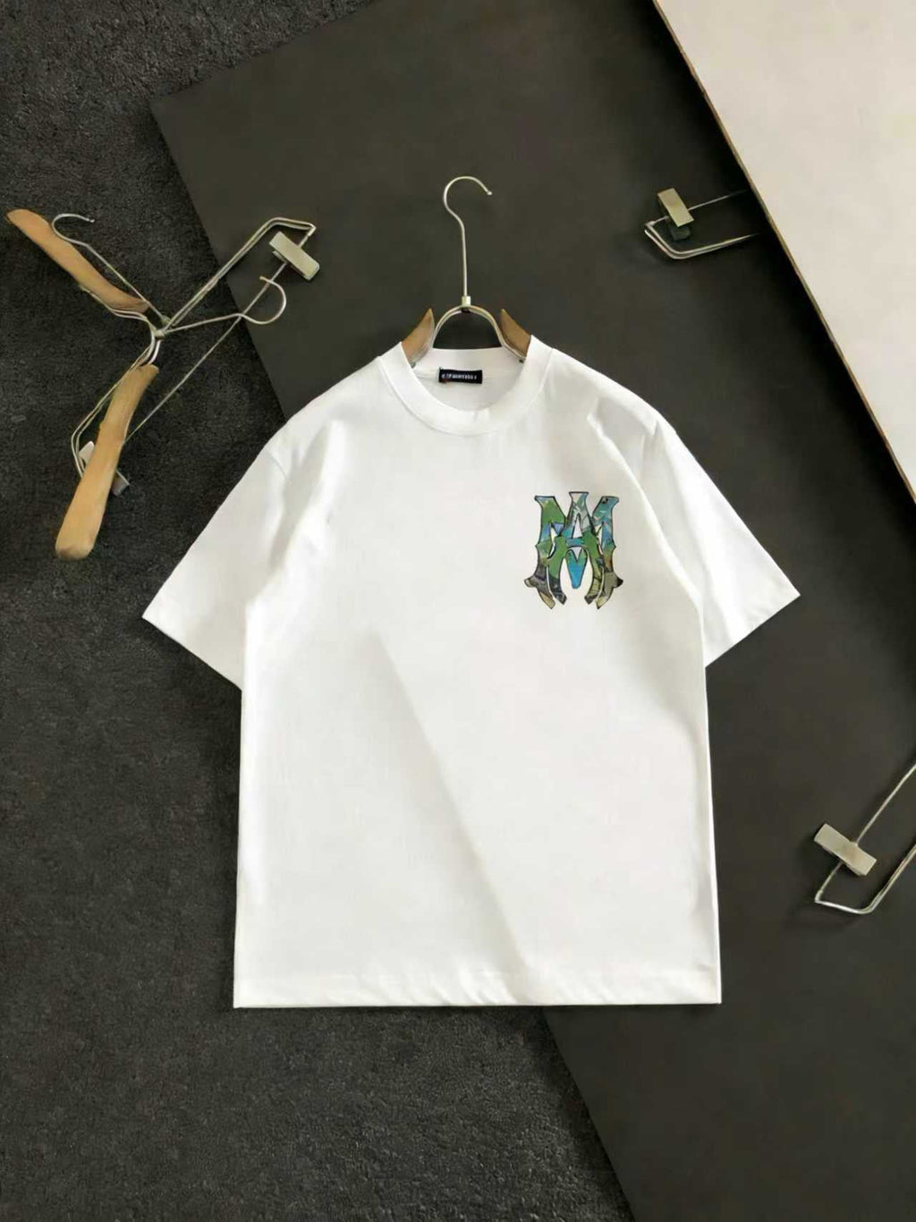 Amiri Camo Monogram Chest Graphic Crew‑Neck Short‑Sleeve T‑Shirt