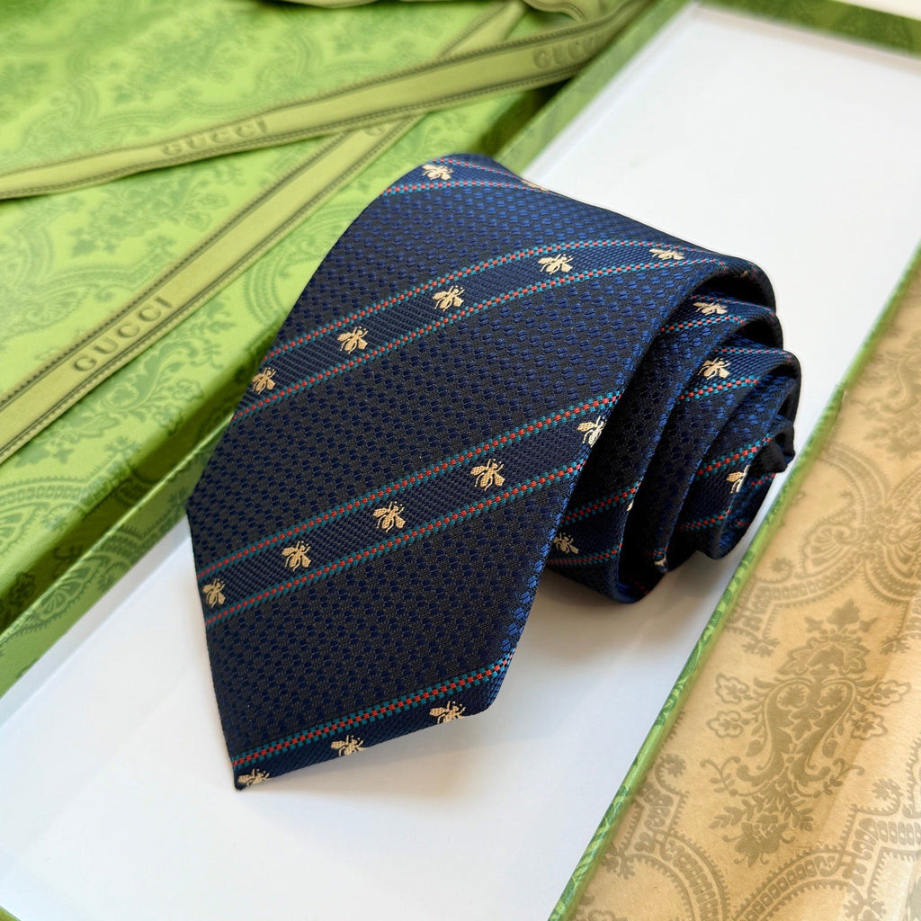 Gucci Style Men's Bee Stripe Jacquard Silk Tie