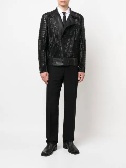 Philipp Plein leather disco biker jacket crystals