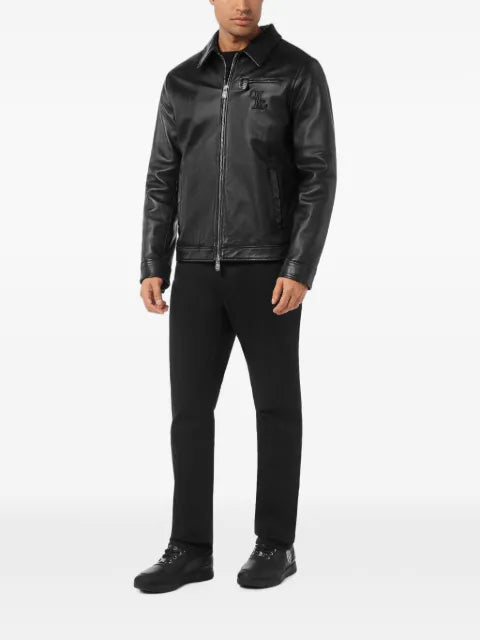Billionaire embroidered-logo leather jacket