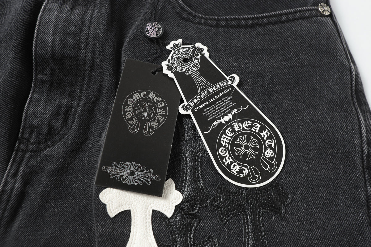 Chrome Hearts White & Black Leather Cross Patches Jeans