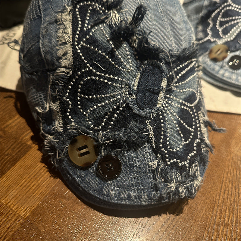 Y2K Rhinestone Butterfly Distressed Denim Newsboy Cap Streetwear Beret