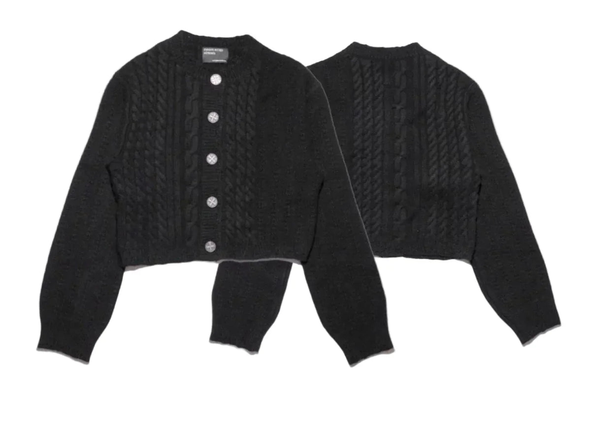 ERD Silver Button Cable-Knit Cropped Cardigan - Black