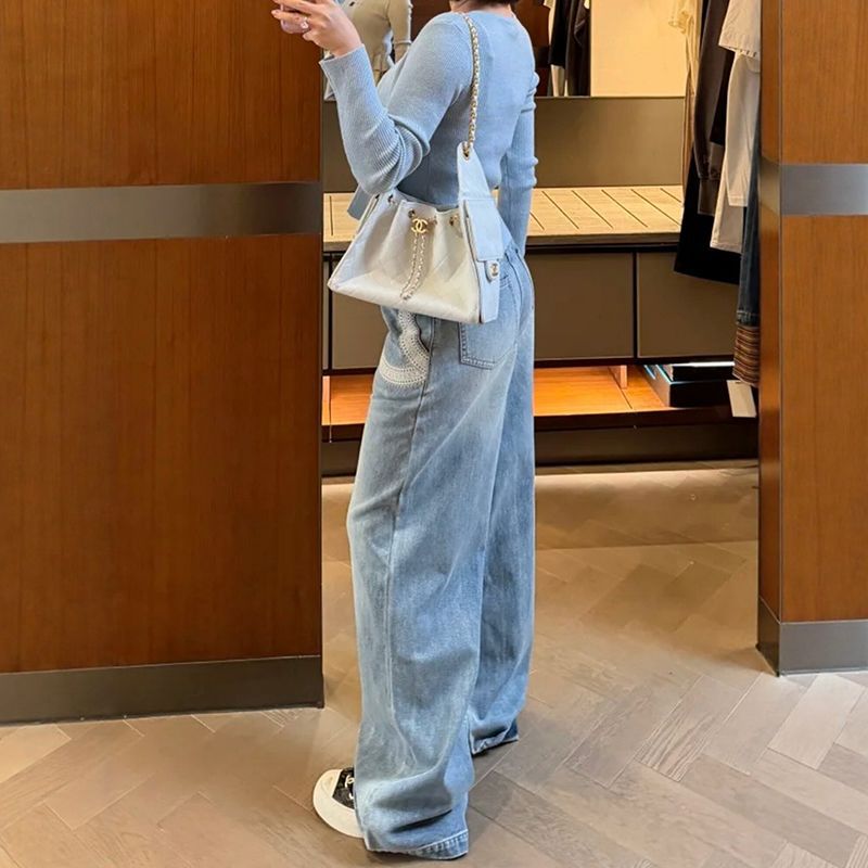 Vintage Blue Embroidered High Waist Wide Leg Denim Trousers