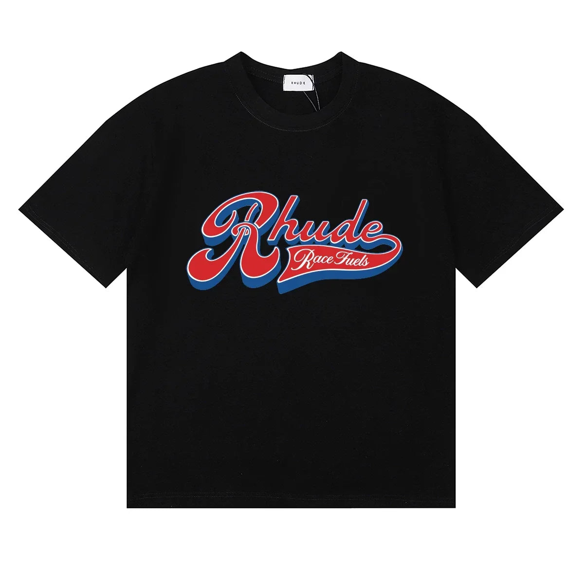 Rhude Retro Script Race Trust Logo Black Oversized T‑Shirt