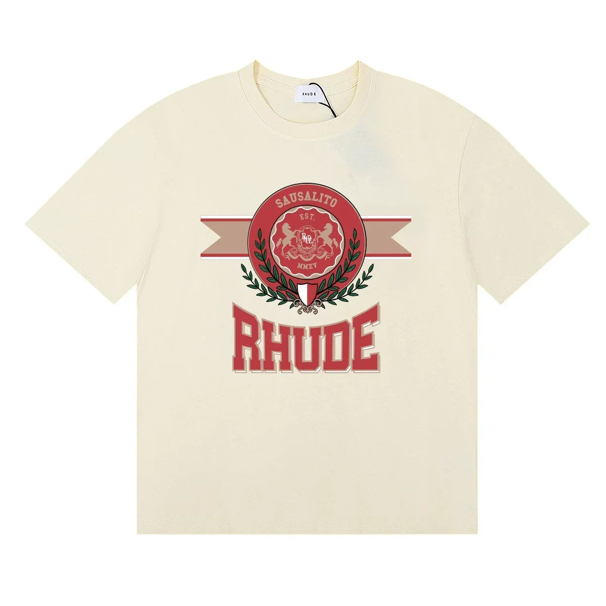 Rhude Sausalito Laurel Crest Varsity Logo Cream Oversized T‑Shirt
