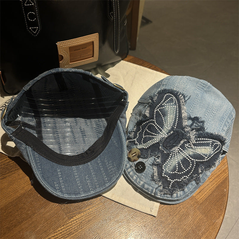 Y2K Rhinestone Butterfly Distressed Denim Newsboy Cap Streetwear Beret