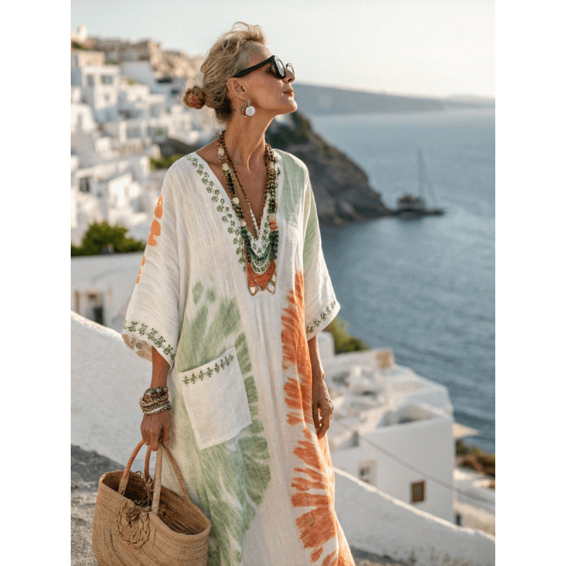 Women Boho V Neck Patch Pocket Print Loose Kaftan Maxi Beach Dress