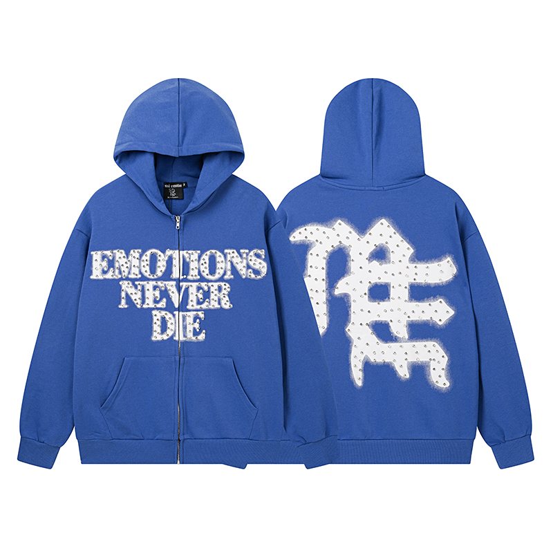 MIXED EMOTION Blue Rhinestone Zip Hoodie