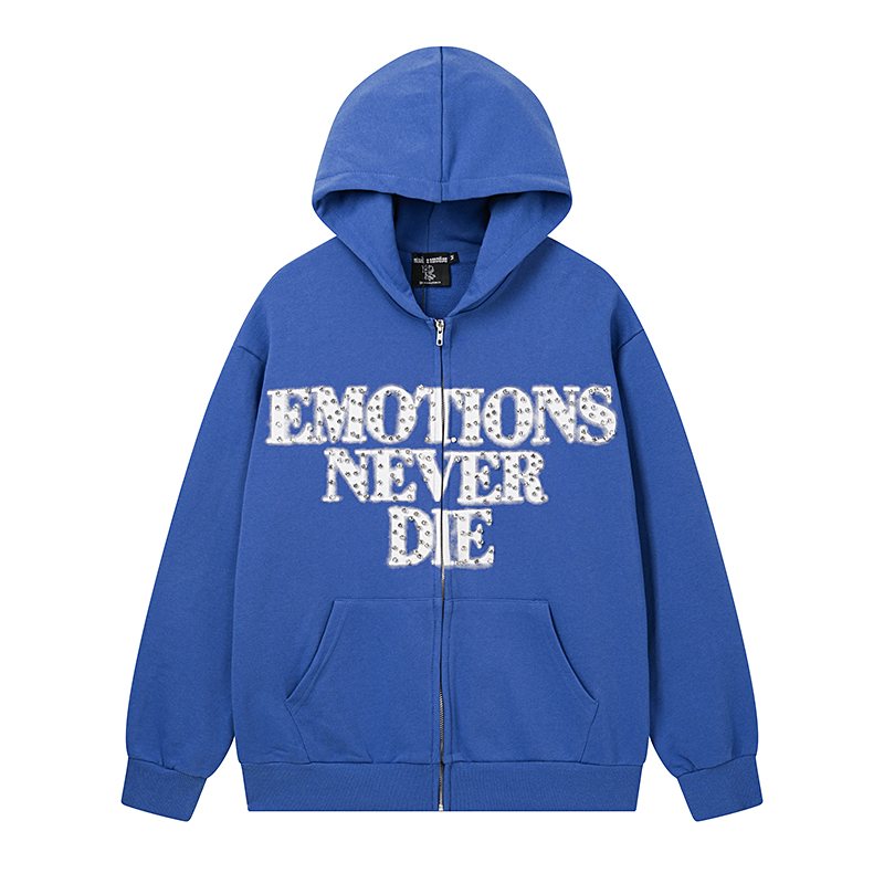 MIXED EMOTION Blue Rhinestone Zip Hoodie