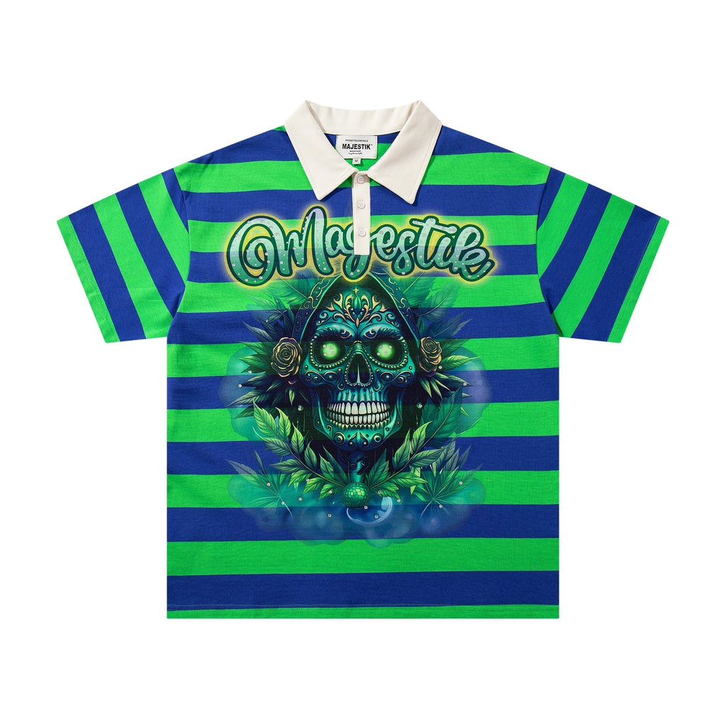 MAJESTIK Green/Blue Striped Skull Graphic Polo Shirt