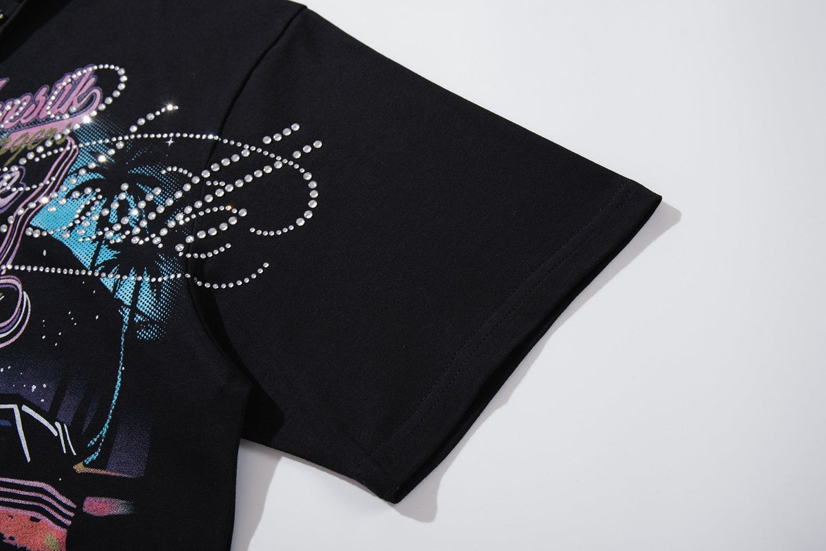 MAJESTIK Rhinestone Graphic Zip Polo Shirt