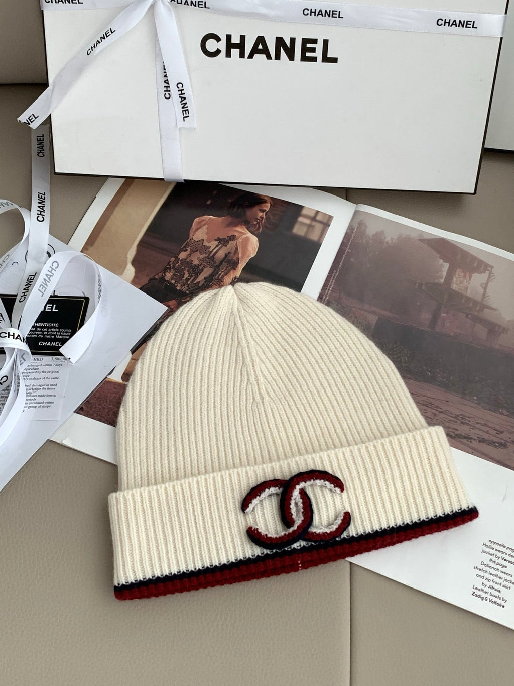 Chanel Style Ivory Rib-Knit Scarf and Beanie Set