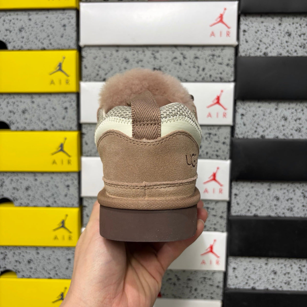 UGG Lowmel Lace-Up Sneaker – Suede & Mesh Low-Top Trainer with Shearling Lining & Bold Red Woven Laces in Sand