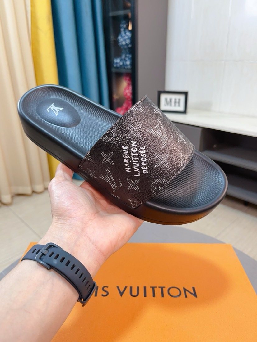 Louis Vuitton Men's Monogram Slide Sandals - Dark Brown and Black