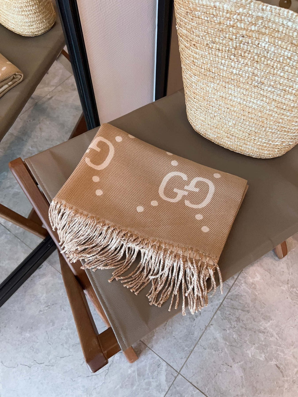 Gucci Camel Brown and Ivory Fringed Scarf