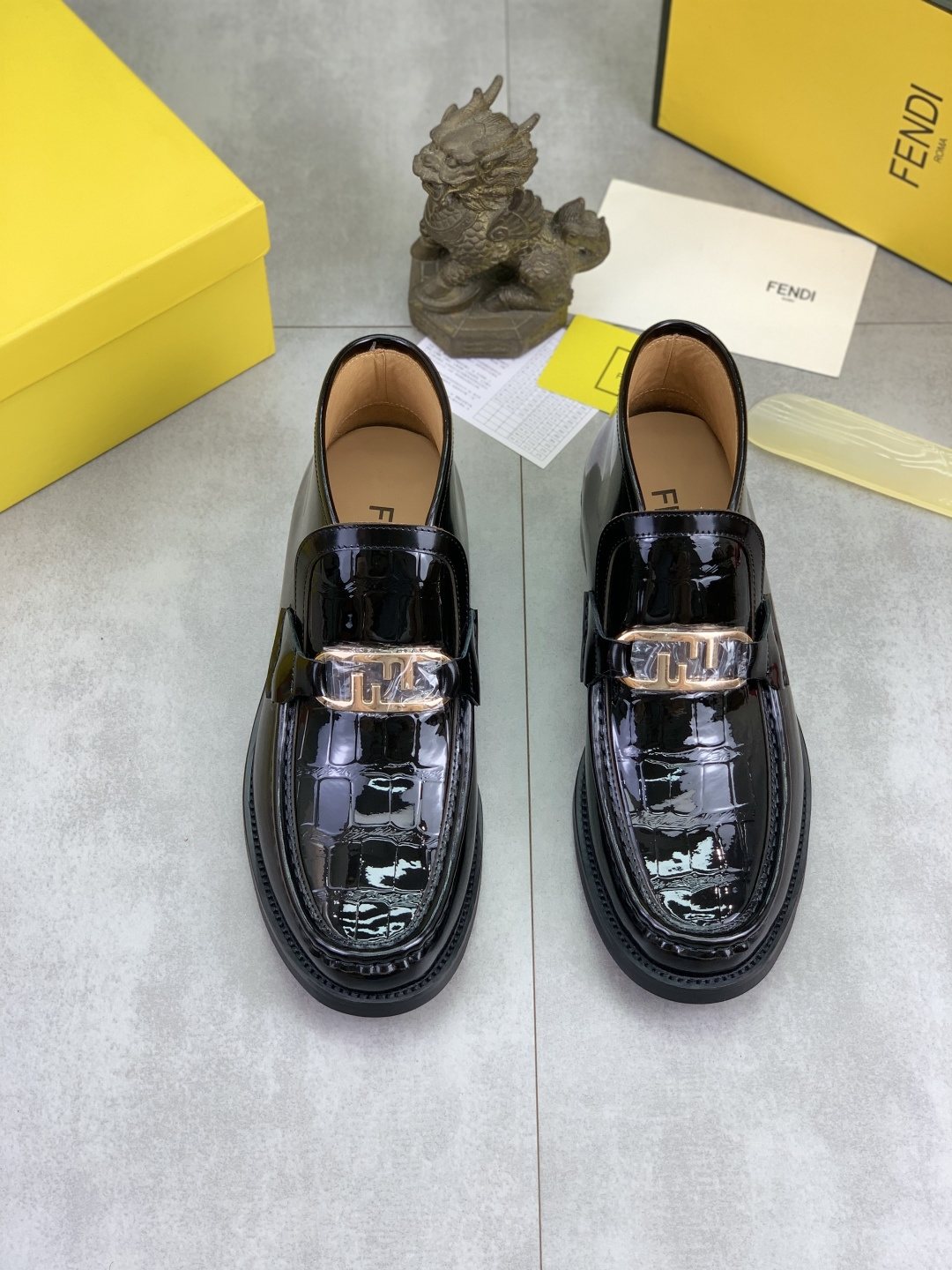 Fendi Men's Black Glossy Buckle Loafers
