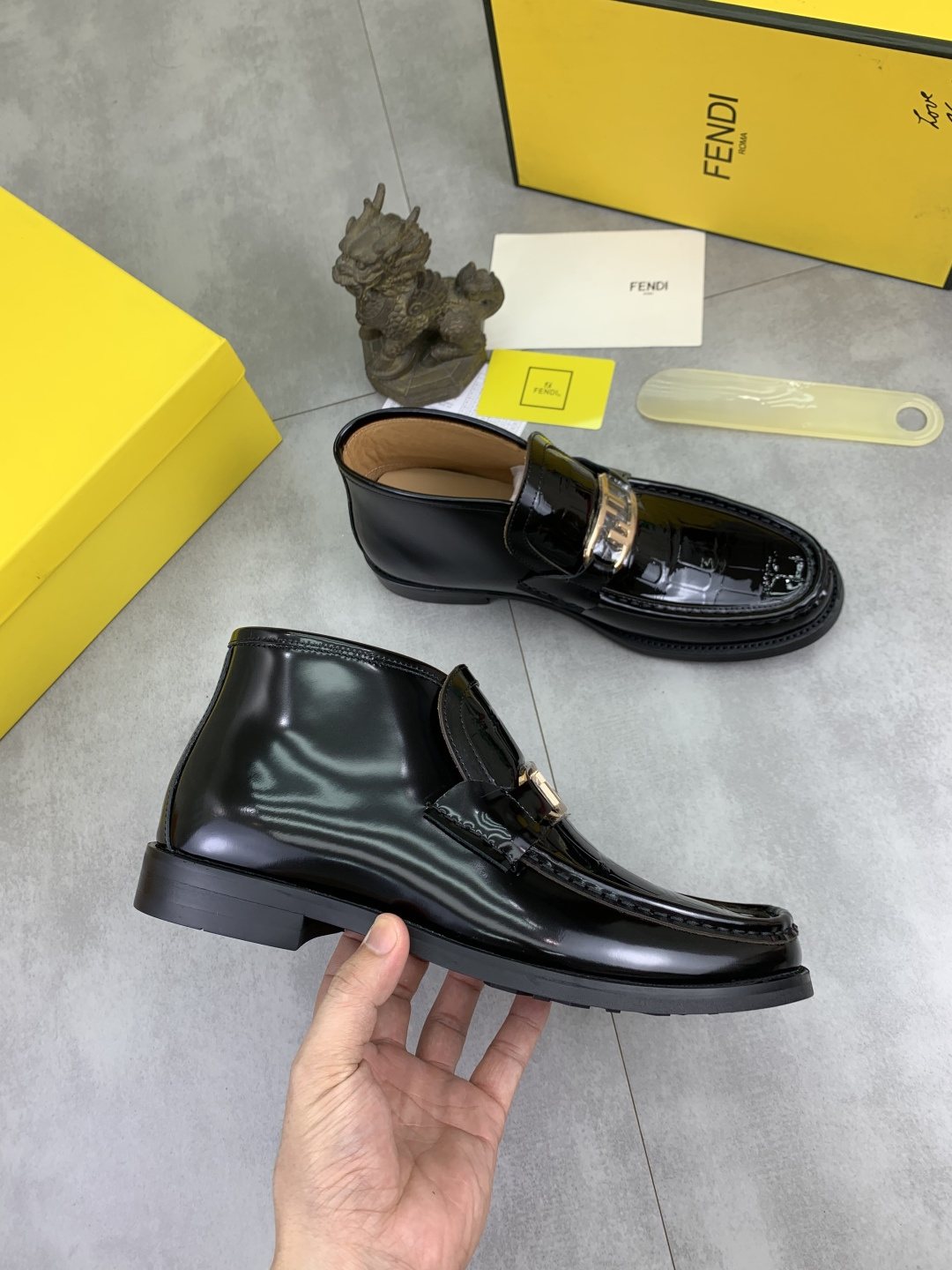 Fendi Men's Black Glossy Buckle Loafers