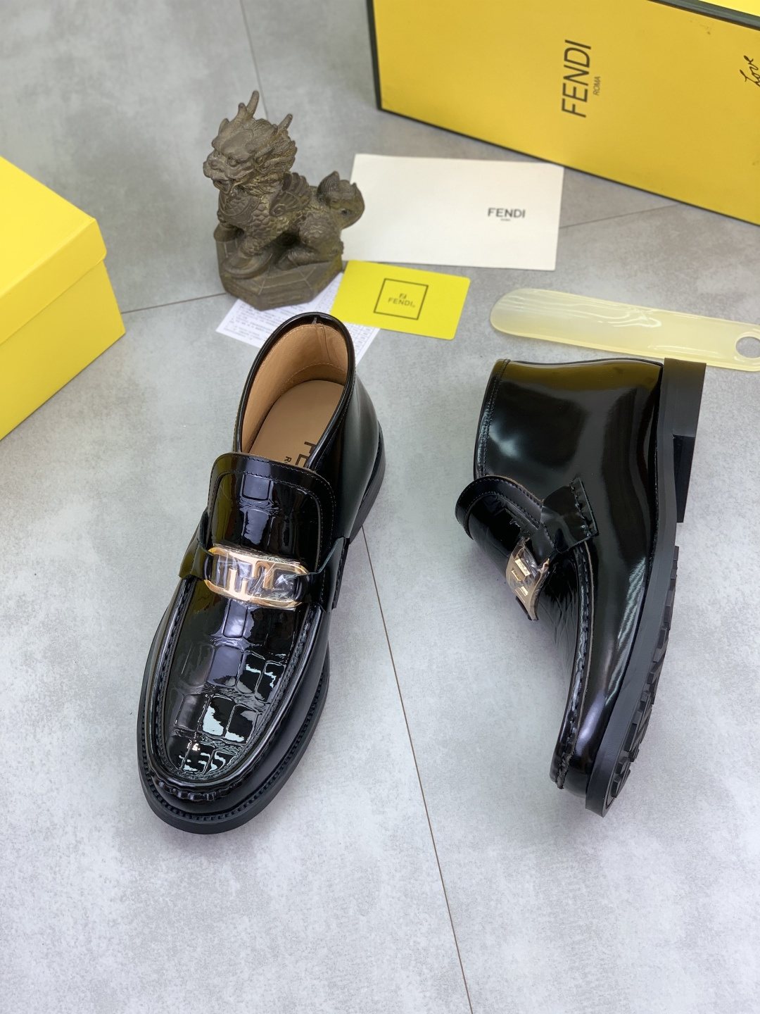 Fendi Men's Black Glossy Buckle Loafers