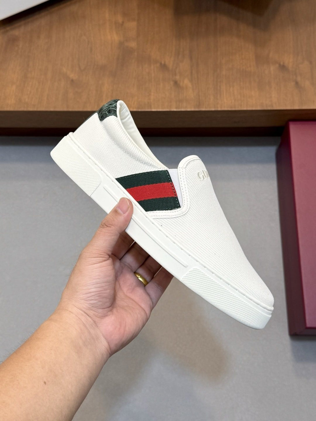 Gucci White Stripe Slip-On Sneakers