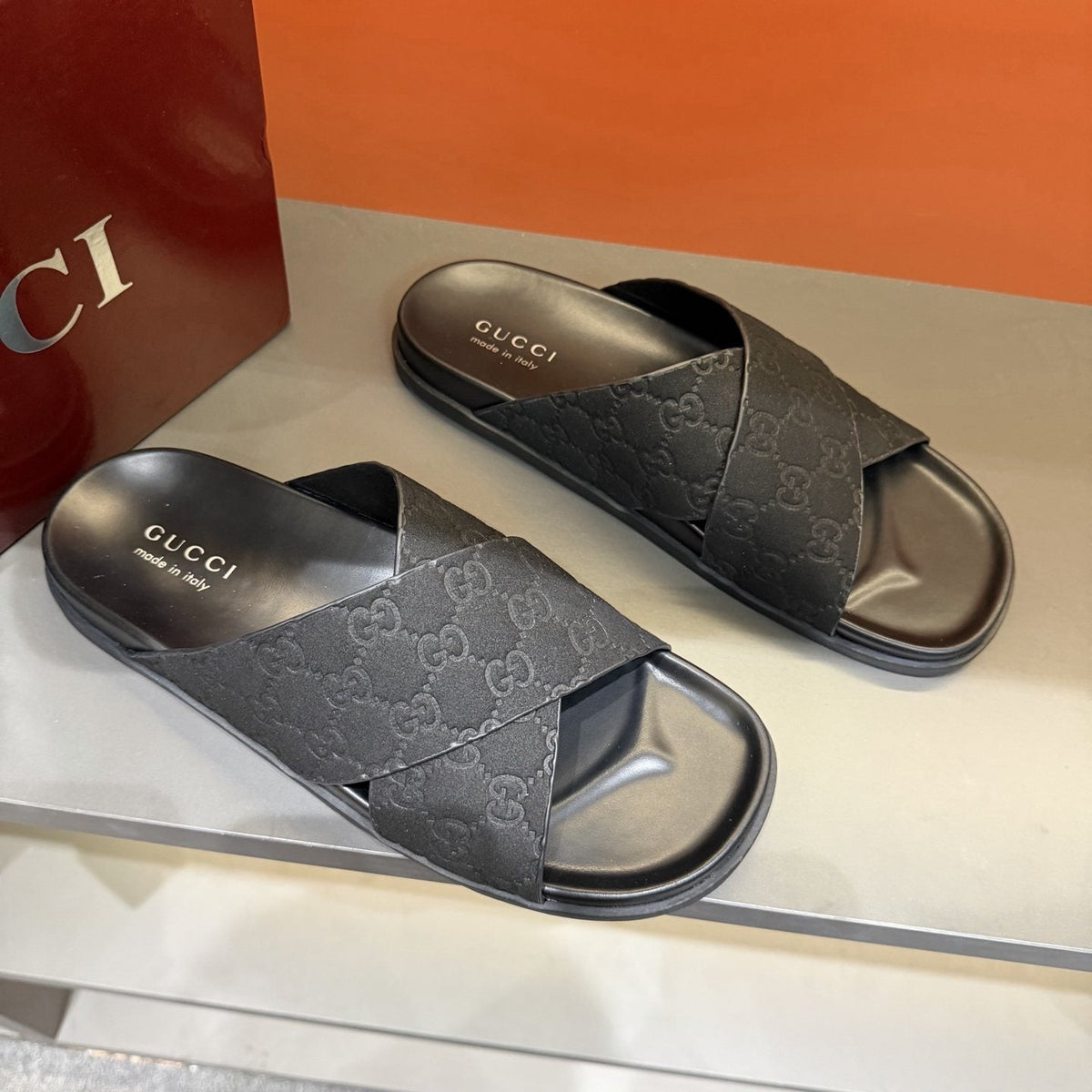Gucci Men's Black Crisscross Strap Slide Sandals