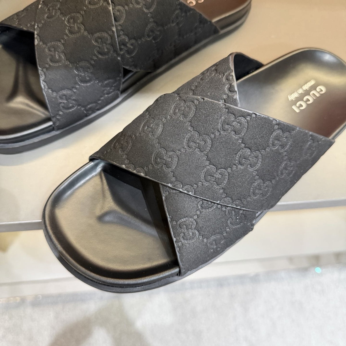 Gucci Men's Black Crisscross Strap Slide Sandals