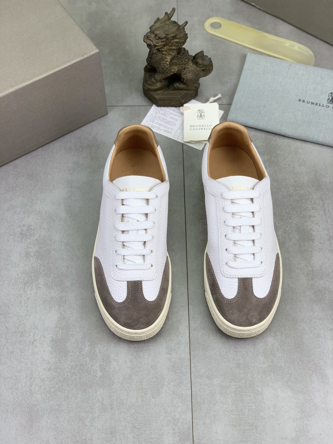 Brunello Cucinelli White and Taupe Low-Top Sneakers
