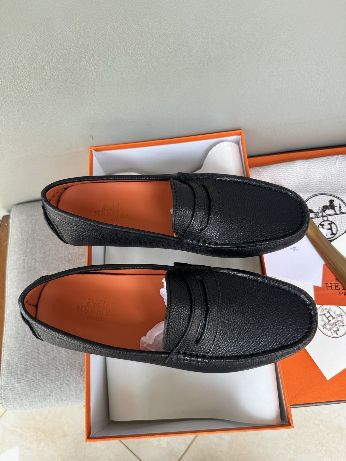 Hermès Men's Black Textured Penny Loafers