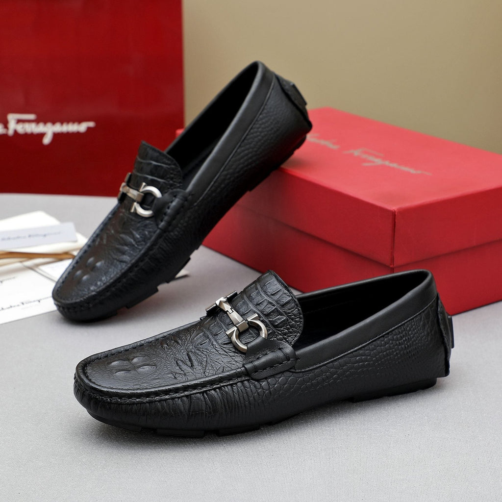 Ferragamo Men's Black Textured Loafers