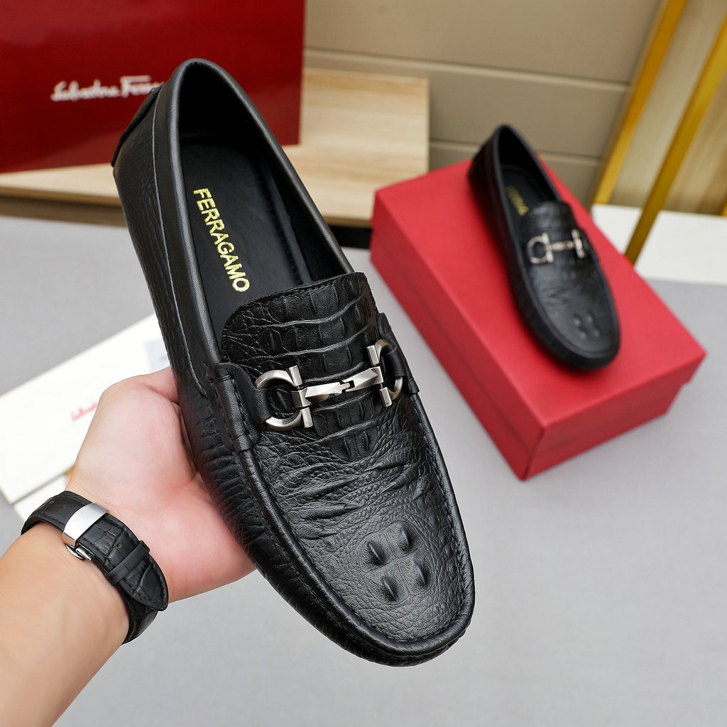 Ferragamo Men's Black Textured Loafers