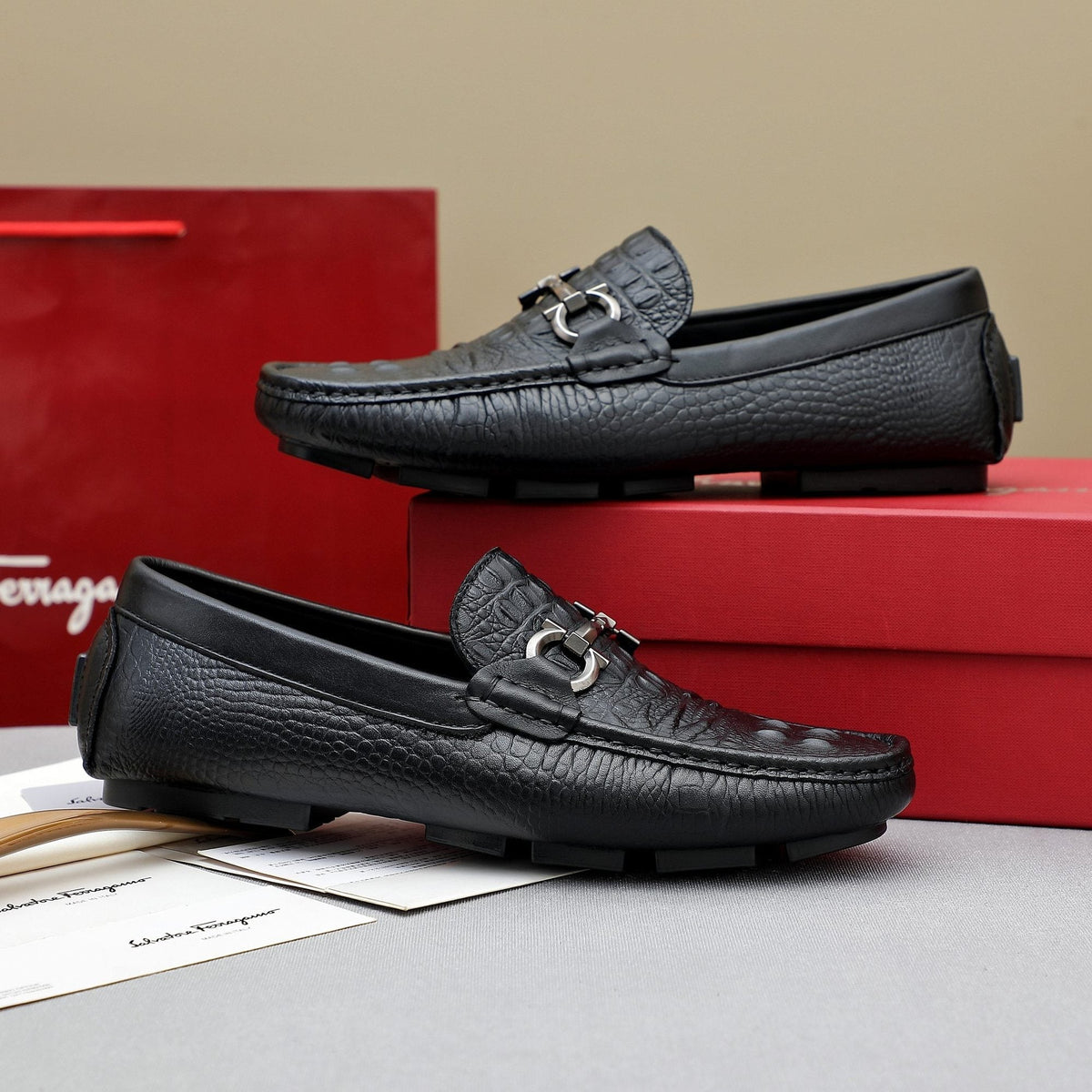 Ferragamo Men's Black Textured Loafers