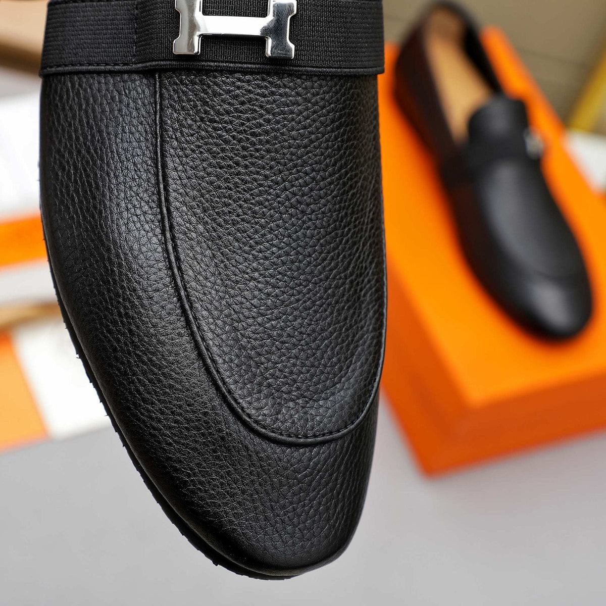 Hermès Black Pebbled Leather H-Hardware Loafers