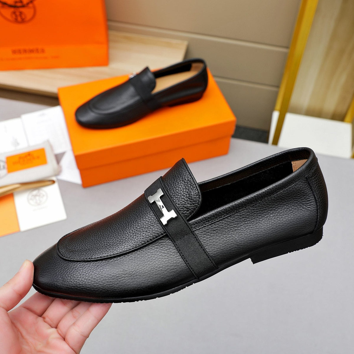 Hermès Black Pebbled Leather H-Hardware Loafers