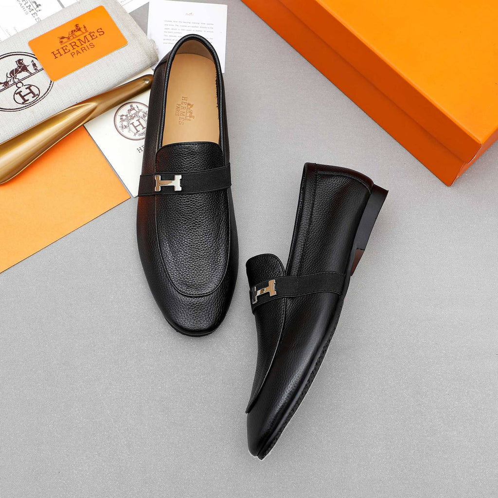 Hermès Black Pebbled Leather H-Hardware Loafers