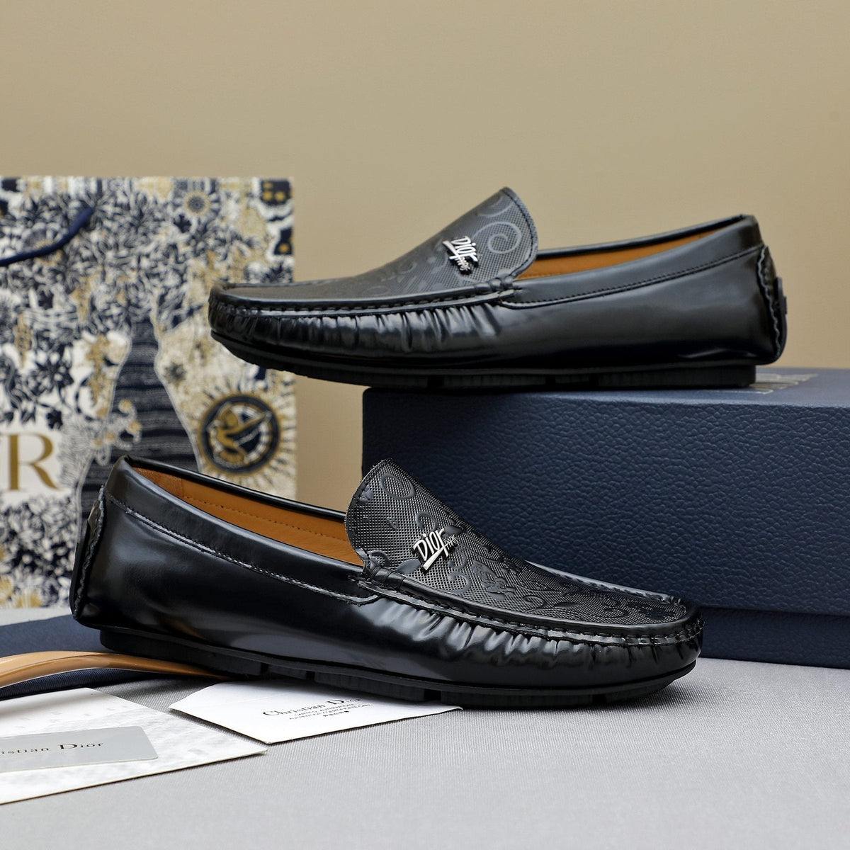 Dior Black Embossed Slip-On Loafers