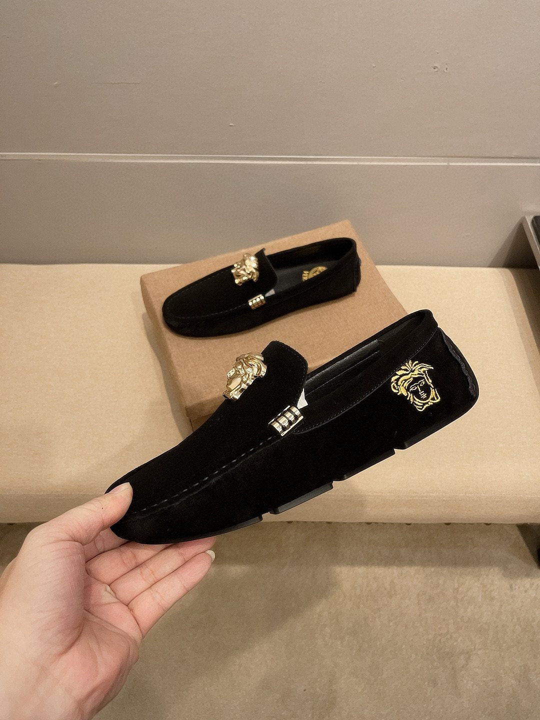 Versace Men's Black Gold-Tone Hardware Loafers - Black Suede-Finish Leather Upper