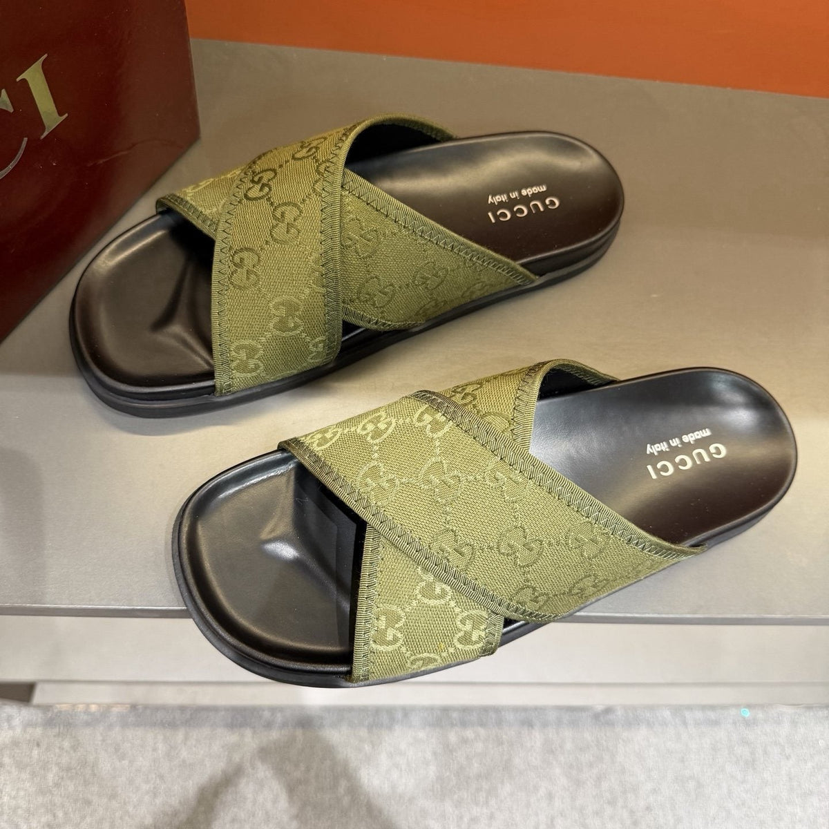 Gucci Men's Patterned Cross-Strap Slide Sandals