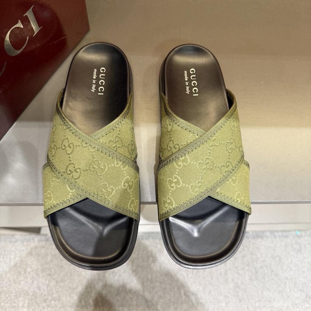 Gucci Men's Patterned Cross-Strap Slide Sandals
