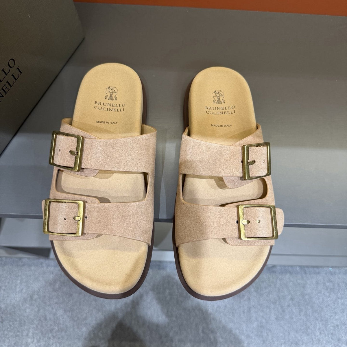Brunello Cucinelli Men's Double-Buckle Slide Sandals - Textured Upper Straps