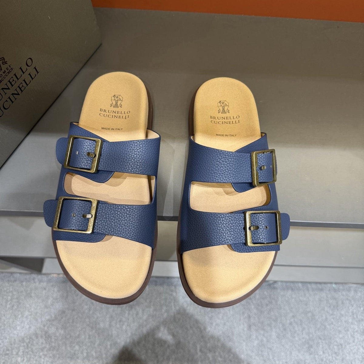 Brunello Cucinelli Men's Double-Buckle Slide Sandals - Textured Upper Straps