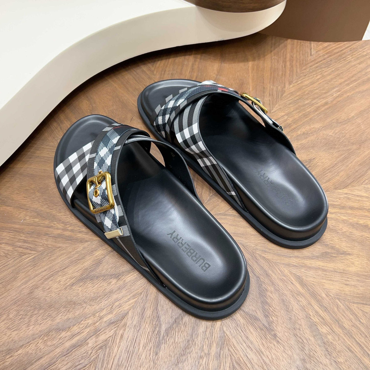 Burberry Check Cross-Strap Slide Sandals - Molded Footbed