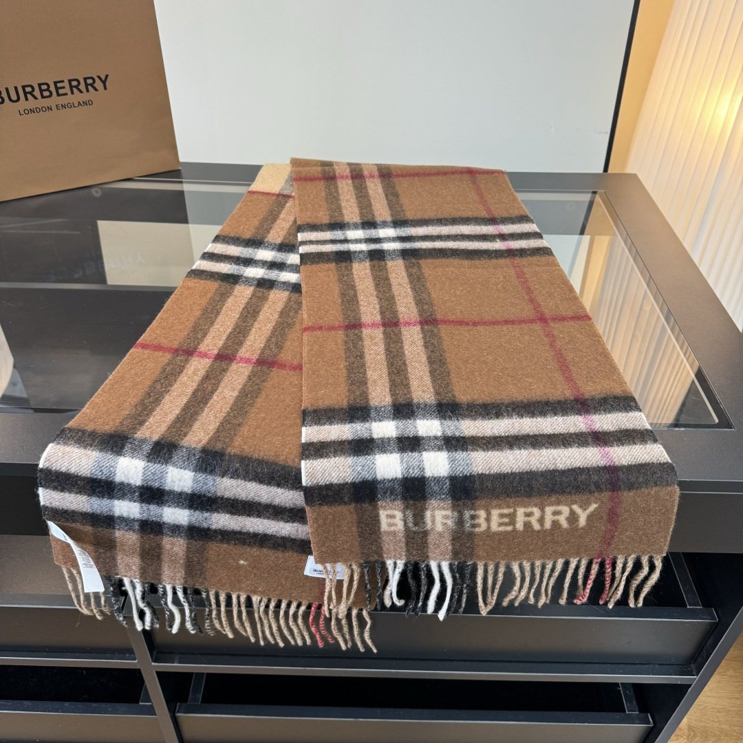 Burberry Tan Brown Plaid Fringe Scarf